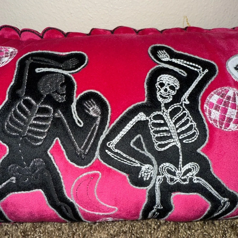Disco‎ Dancing Skeletons Embroidered Velvet Decorative Scallop Edge Pillow NWT